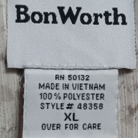 BON WORTH |Vintage Tan,Khaki,White 1/2 Button Down Short Sleeve Blouse | XL - Picture 4 of 5